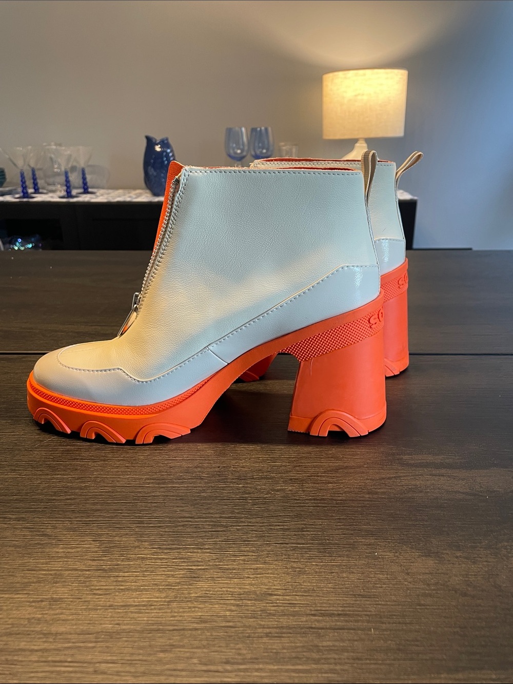 Sorel Brex Ceramic White and Orange Chunky Heel Ankle Boot